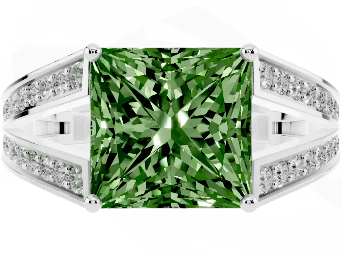 Fancy Green Princess Cut Diamond Split Shank Ring with Pavé Band and Four-Prong Setting Platinum