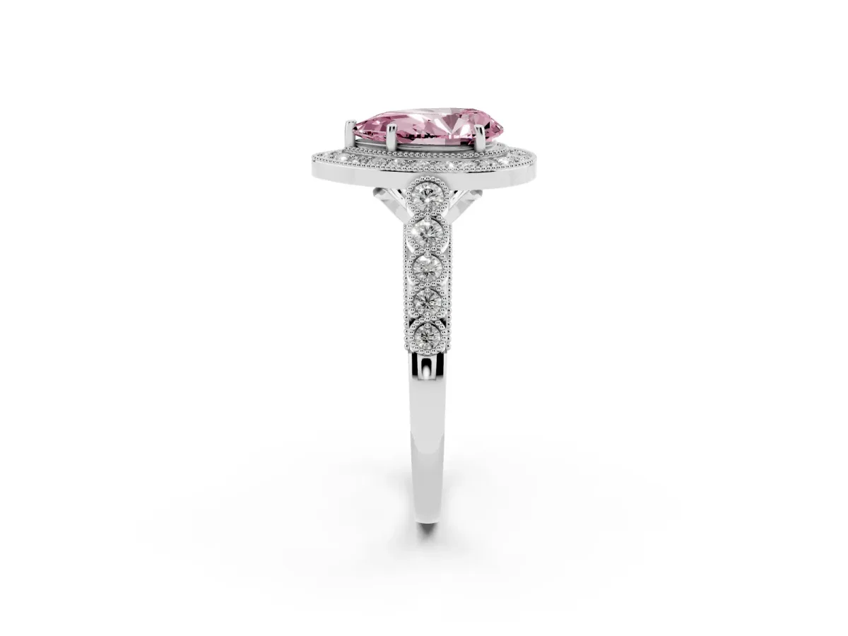 Fancy Pink Pear Cut Halo Twist Band Solitaire Ring with Six-Prong Setting Silver