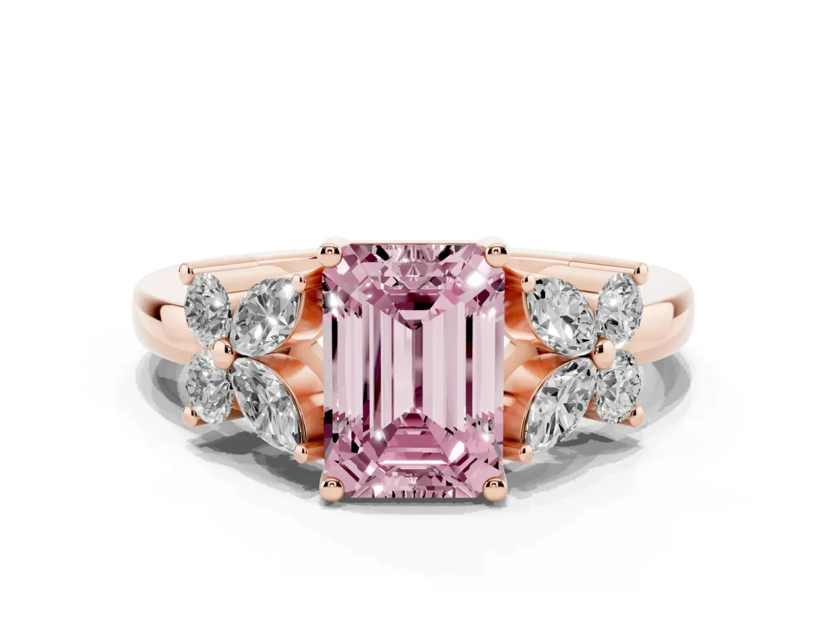Fancy Pink Emerald Cut Diamond Floral Cluster Ring with Solitaire Band and Prong Setting Rose gold