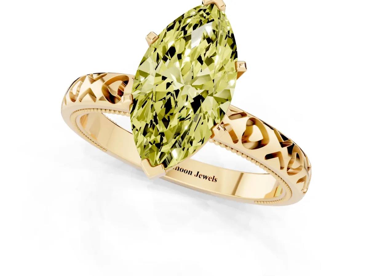 Fancy Yellow Marquise Cut Solitaire Diamond Engagement Ring with XO Engraved Band and Four-Prong Setting Yellow gold