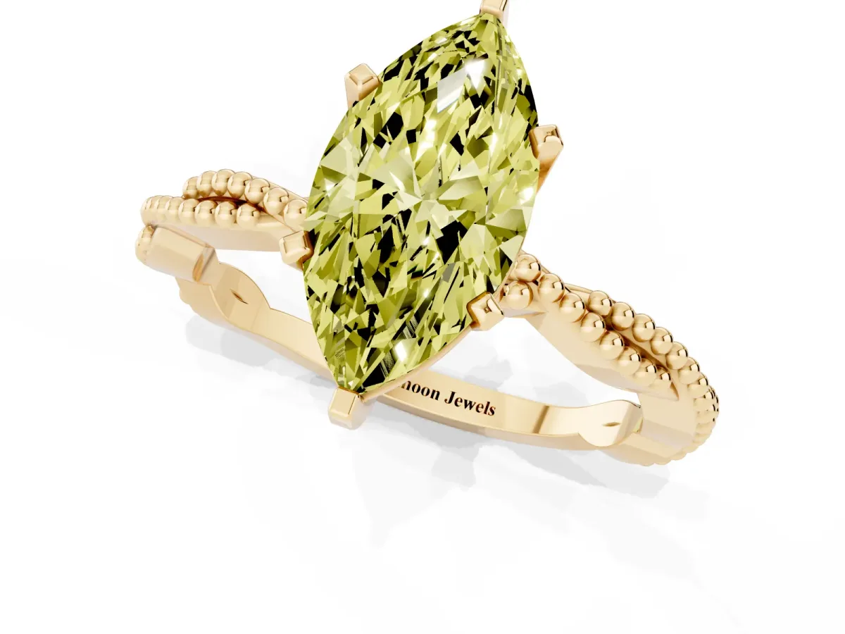 Fancy Yellow Marquise Cut Solitaire Twisted Band with Bead Prong Setting Yellow gold