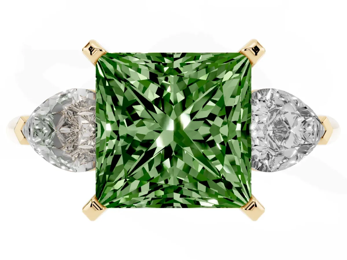 Fancy Green Three-Stone Princess Cut Diamond Ring with Pear Side Stones and Four-Prong Setting Yellow gold