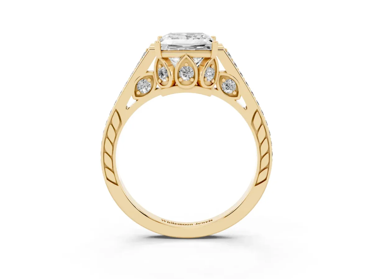 Princess Cut Cut Cathedral Pave Diamond Engagement Ring with Six-Prong Setting Yellow gold