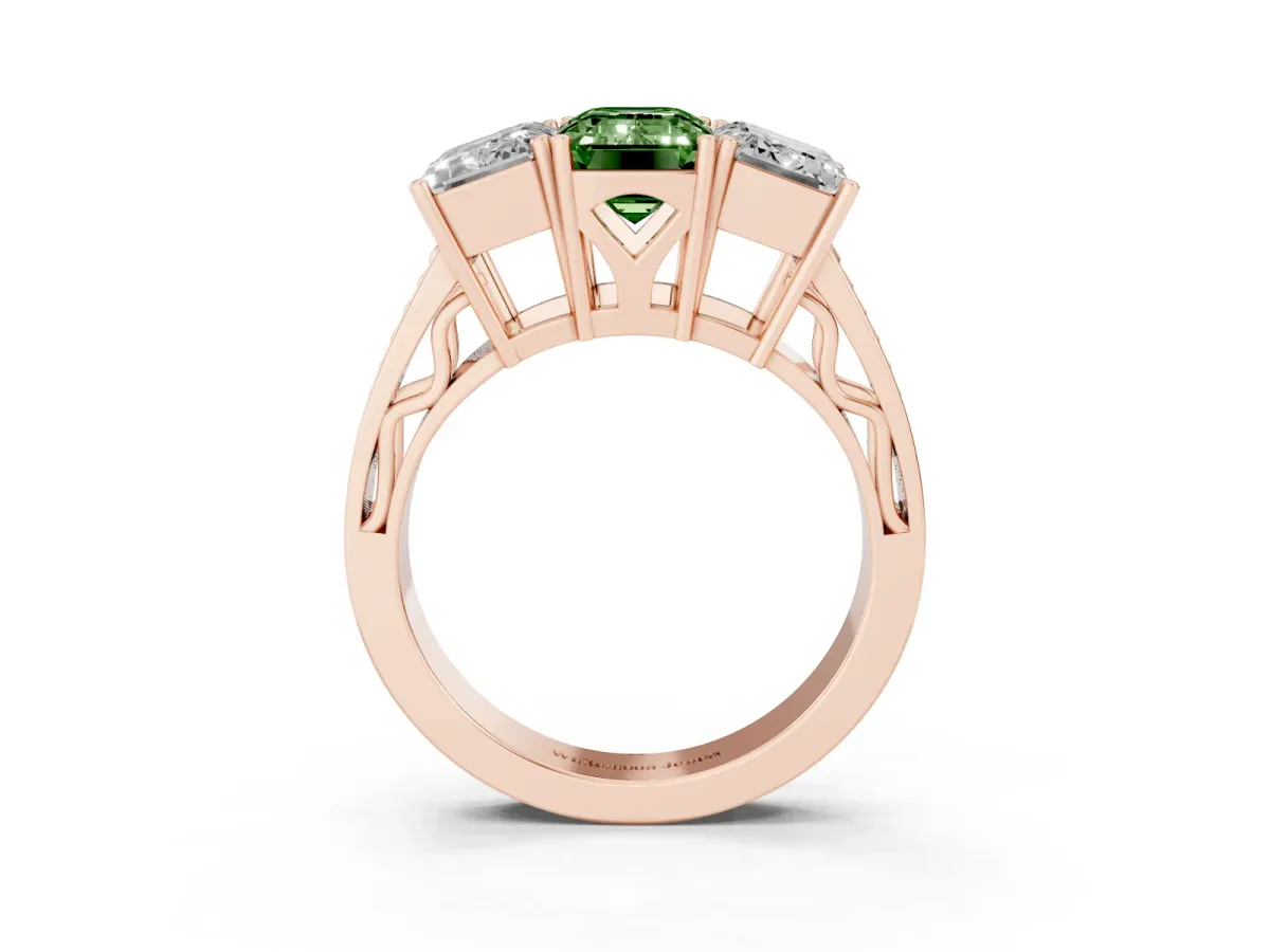 Fancy Green Emerald Cut Diamond Three-Stone Ring with Prong Setting and Textured Band Rose gold