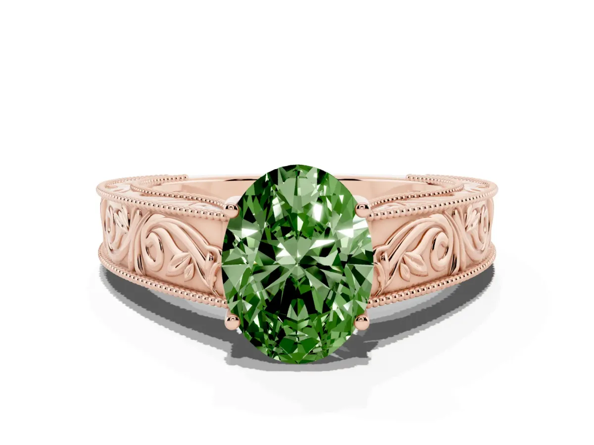 Fancy Green Oval Cut Diamond Solitaire Ring with Engraved Band and Four-Prong Setting Rose gold