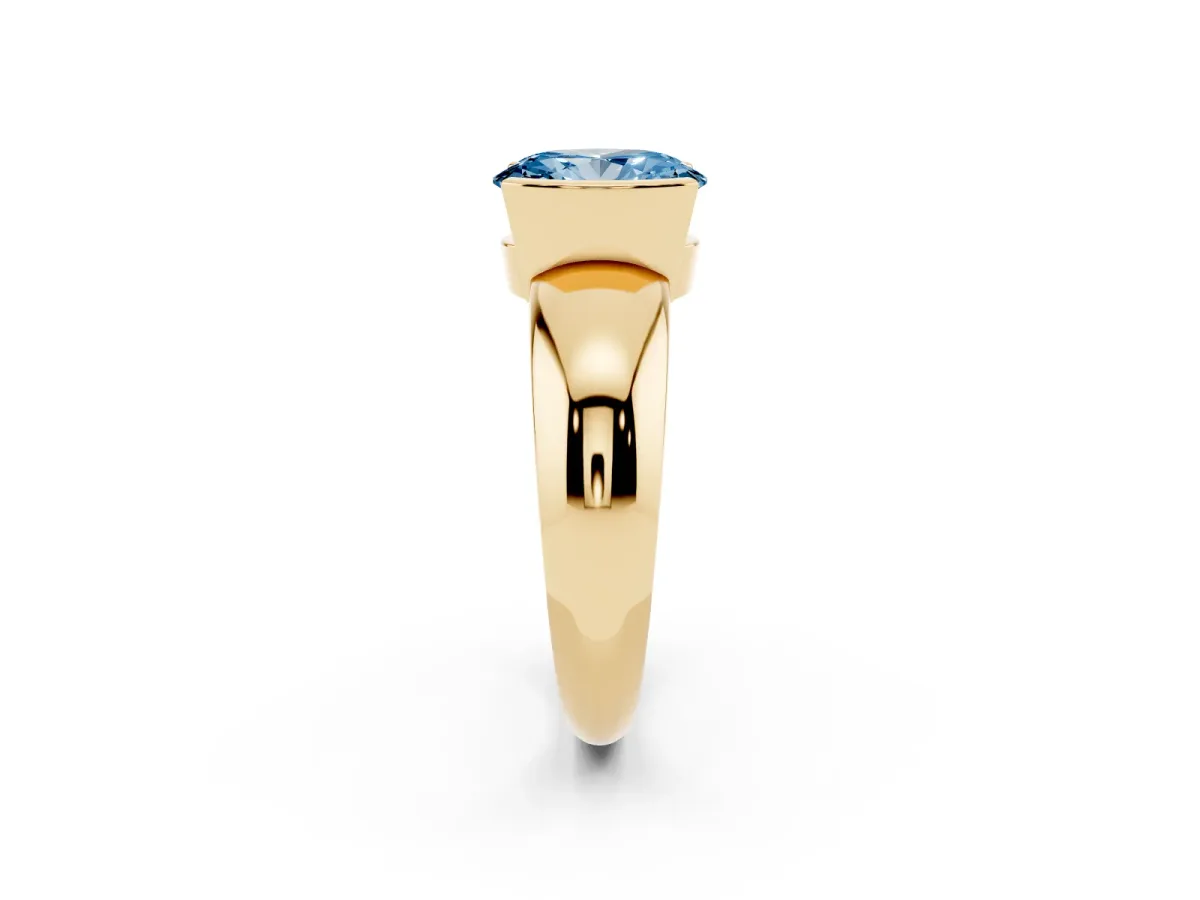 Fancy Blue Oval Cut Solitaire Tension Set Diamond Ring with Wide Band Yellow gold