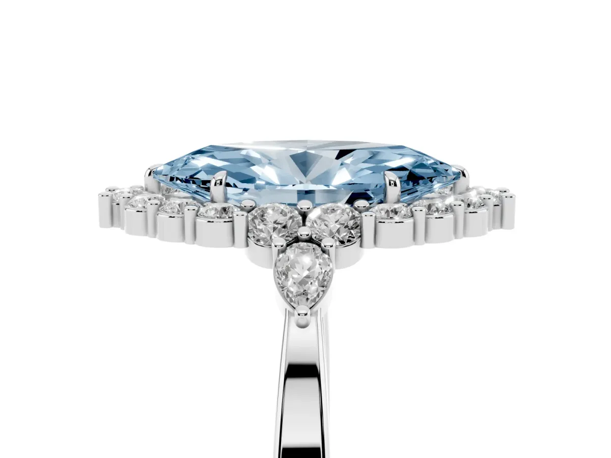 Fancy Blue Marquise Cut Diamond Halo Ring with Pear Side Stones and Prong Setting Silver