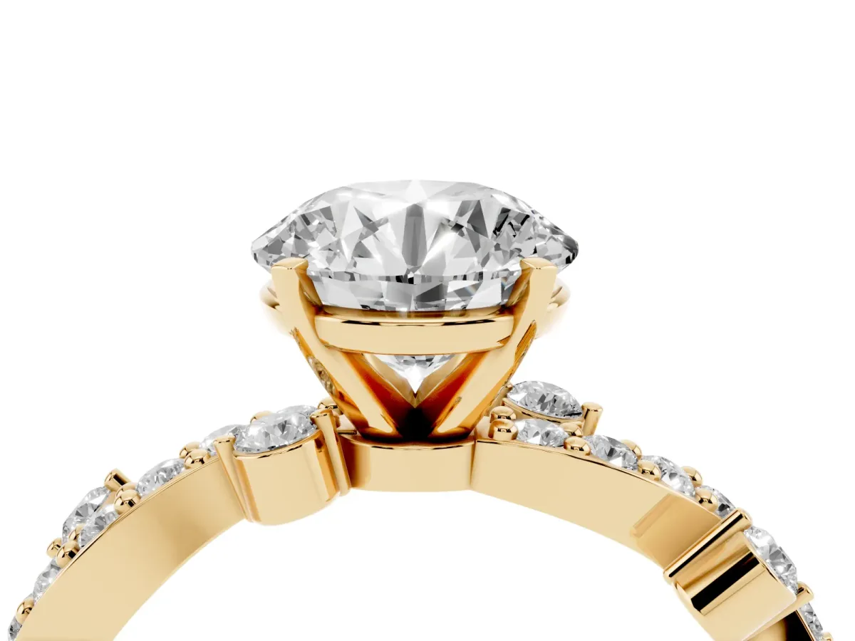 Round Cut Cut Solitaire Diamond Twisted Band with Pave Setting Yellow gold