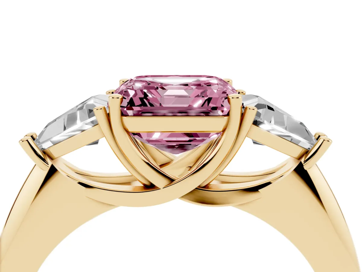 Fancy Pink Three-Stone Asscher Cut Diamond Engagement Ring with Trillion Side Stones and Prong Setting Yellow gold