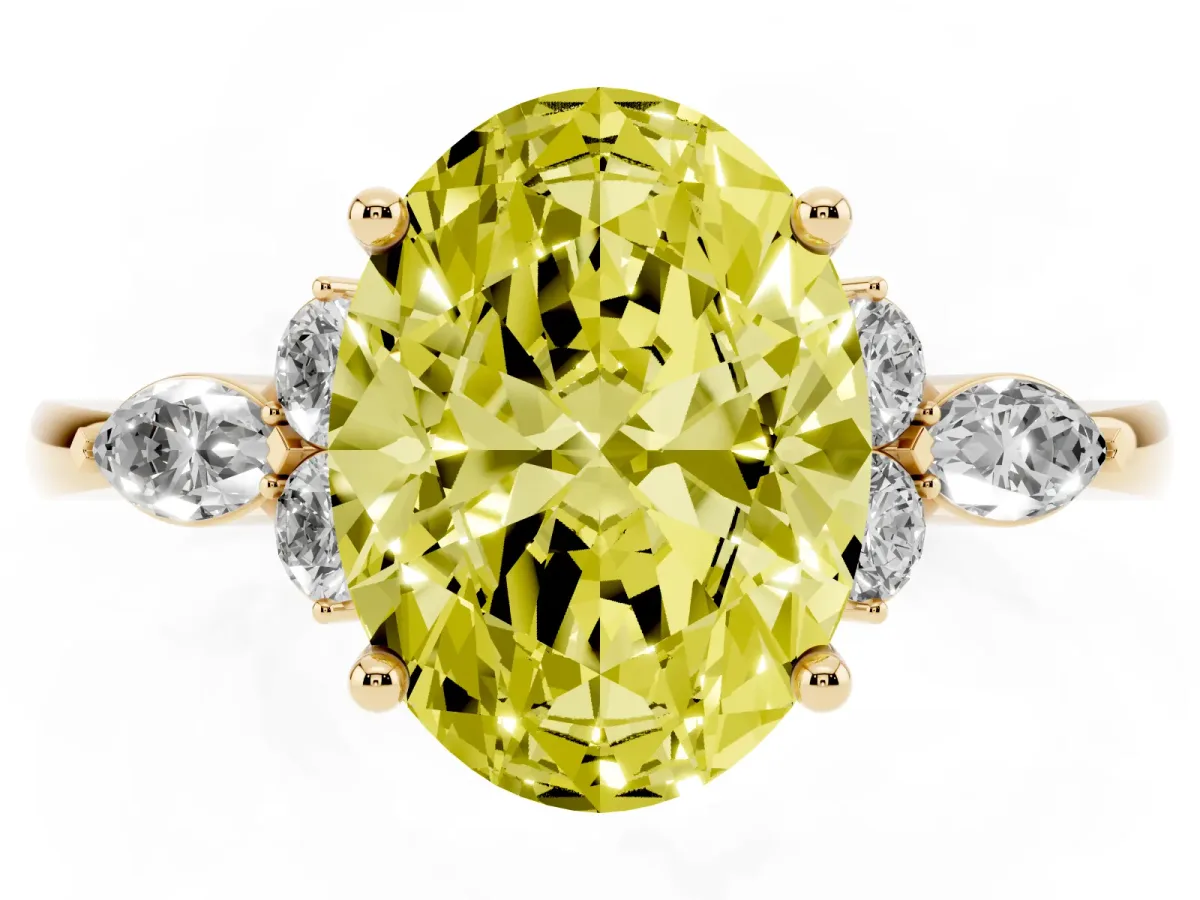 Fancy Yellow Oval Cut Brilliant Diamond Solitaire Ring with Pear Side Stones and Four-Prong Setting Yellow gold