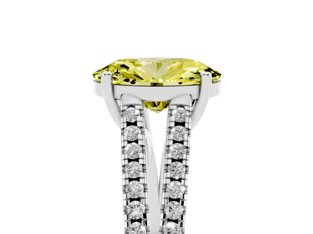 Fancy Yellow Oval Cut Diamond Solitaire Engagement Ring with Split Shank Pavé Band Platinum
