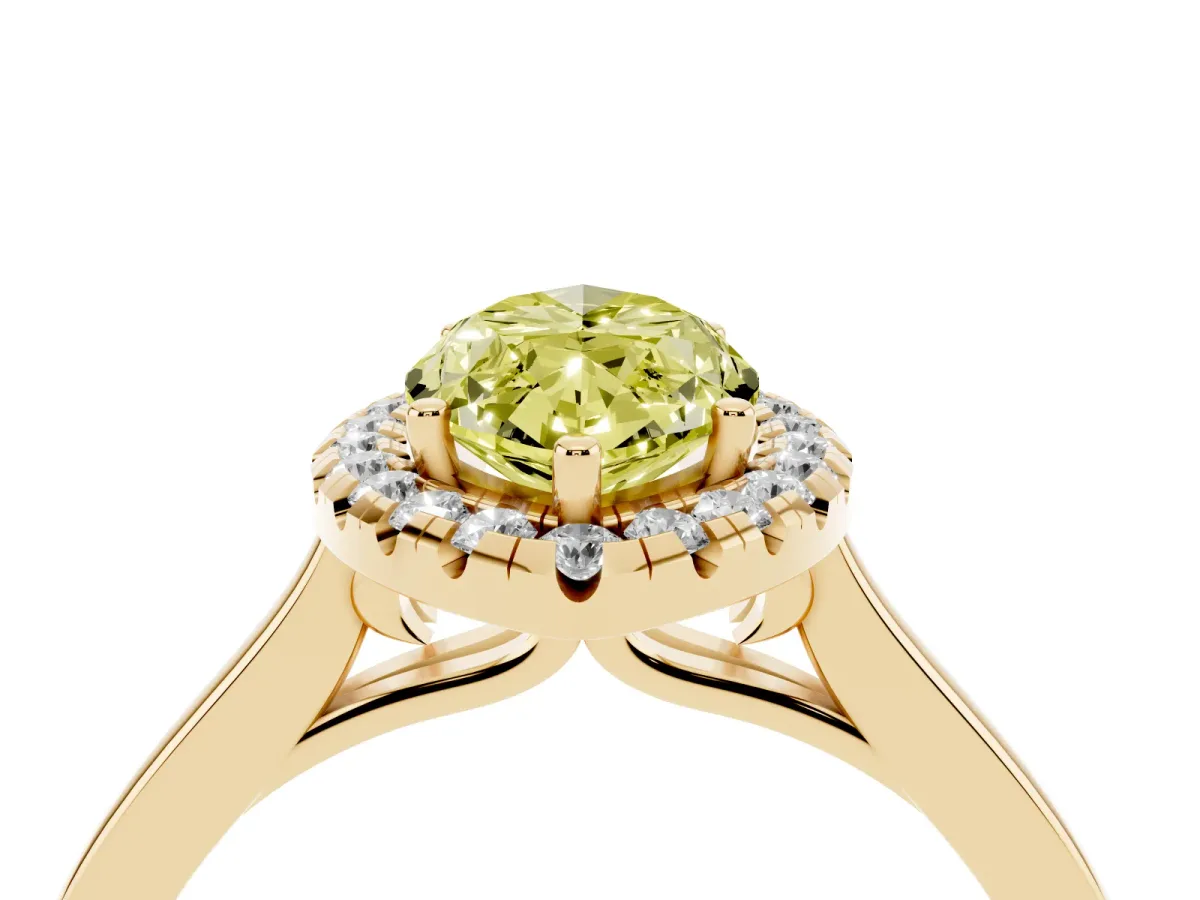 Fancy Yellow Marquise Cut Halo Round Diamond Solitaire Ring with Pavé Band and Four-Prong Setting Yellow gold