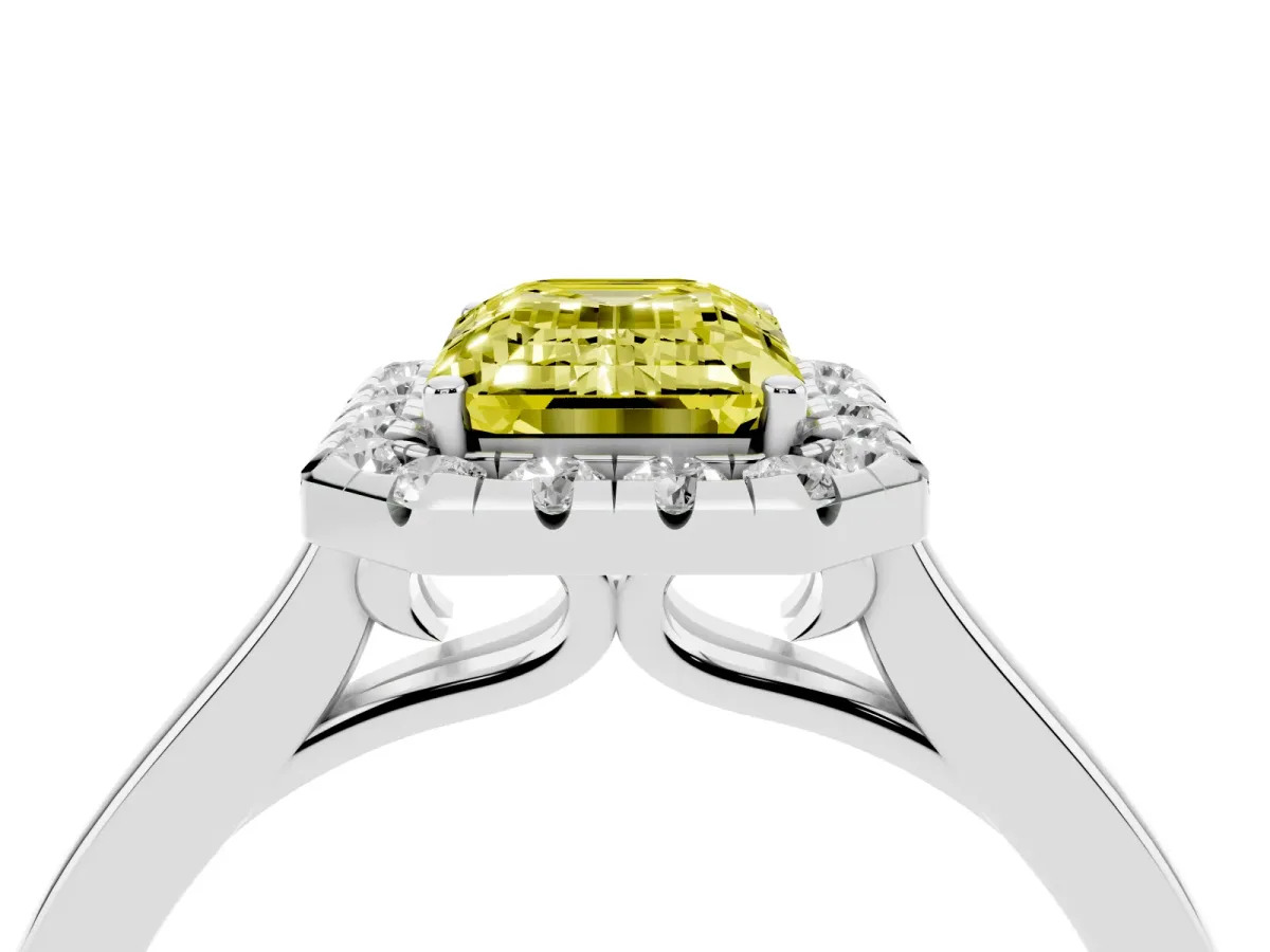 Fancy Yellow Emerald Cut Halo Round Diamond Solitaire Ring with Pavé Band and Four-Prong Setting Silver