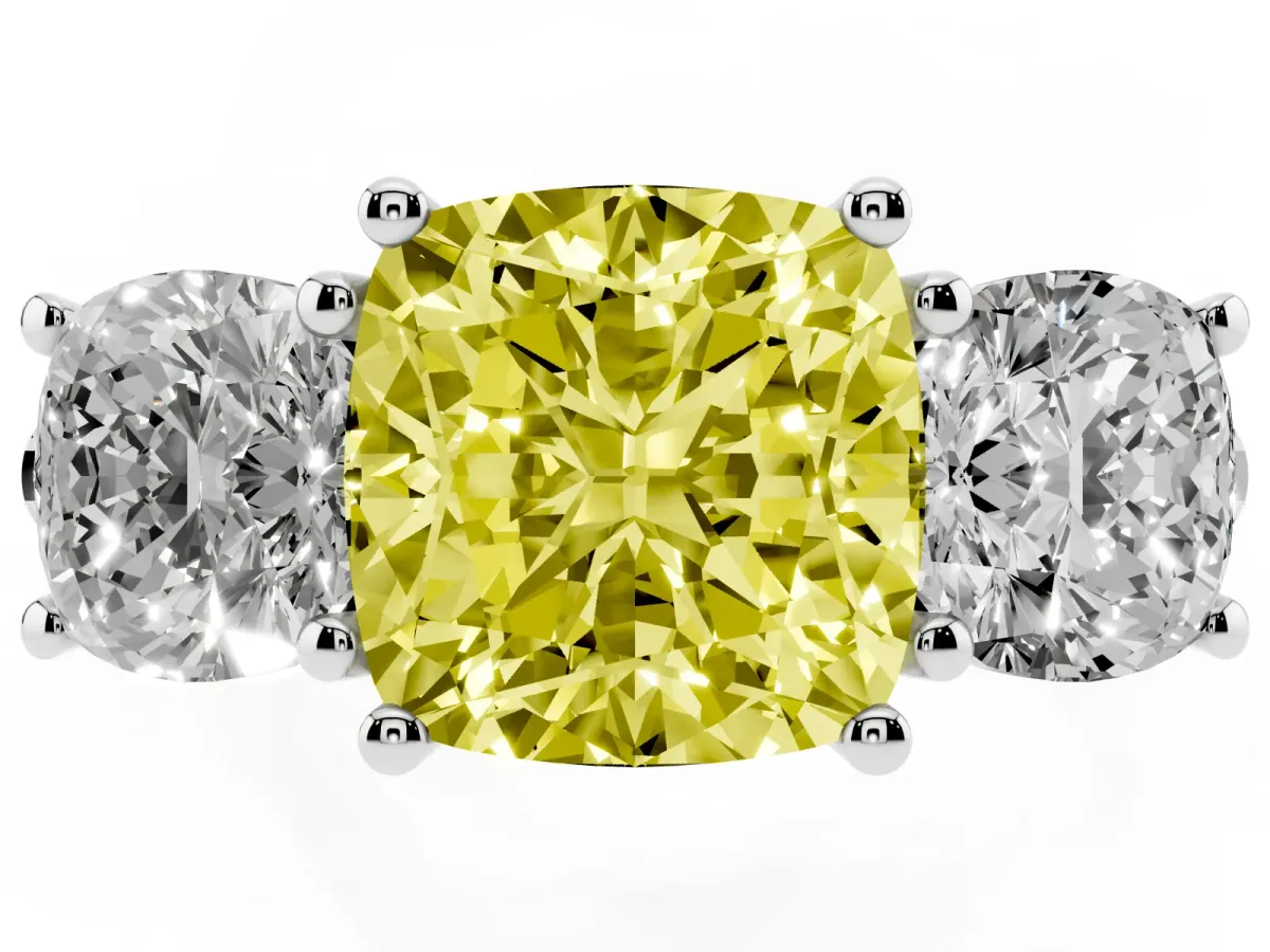 Fancy Yellow Three-Stone Cushion Cut Diamond Ring with Round Pavé Band and Prong Setting Silver