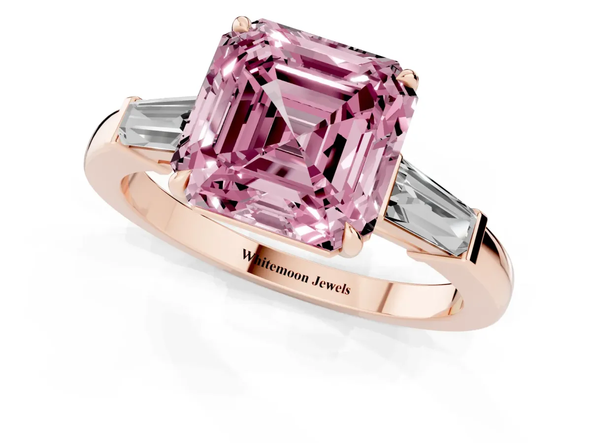 Fancy Pink Asscher Cut Diamond Three-Stone Ring with Tapered Baguette Side Stones and Prong Setting Rose gold