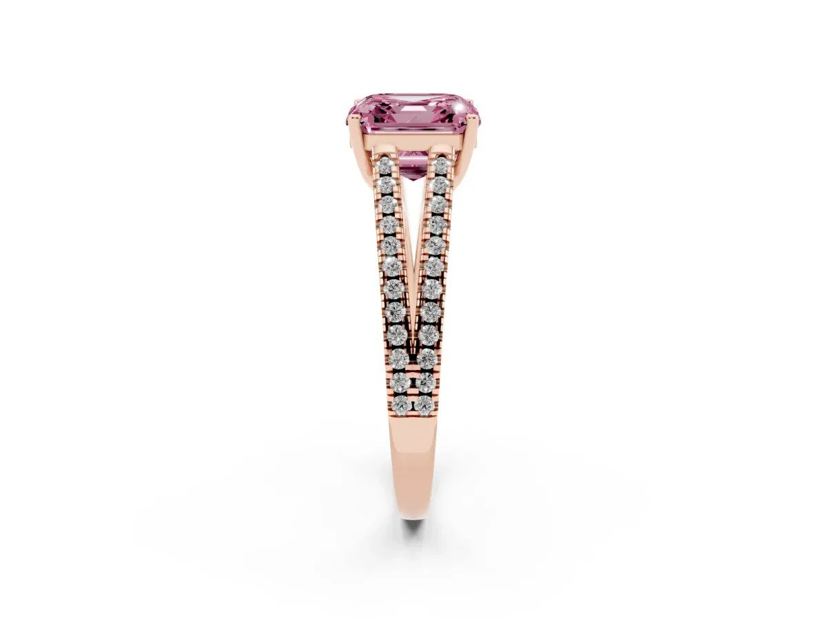 Fancy Pink Asscher Cut Diamond Solitaire Engagement Ring with Split Shank Pavé Band Rose gold