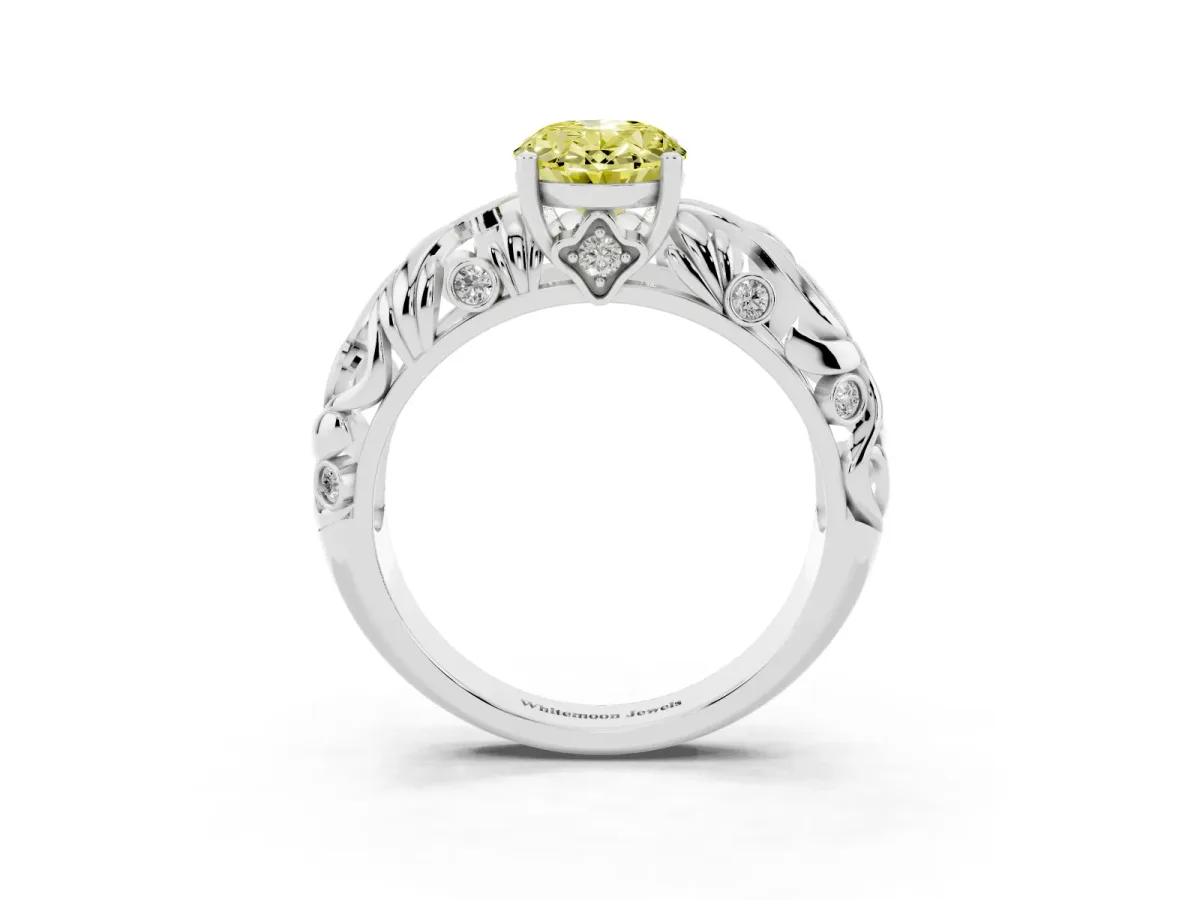 Fancy Yellow Oval Cut Solitaire Diamond Leaf-Inspired Vine Band Ring with Prong Setting Silver