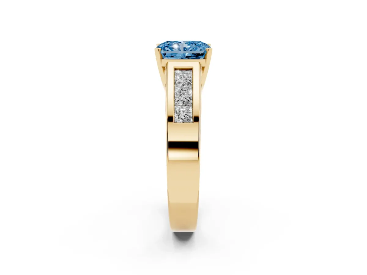 Fancy Blue Radiant Cut Cut Channel Set Solitaire Ring with Four-Prong Setting Yellow gold