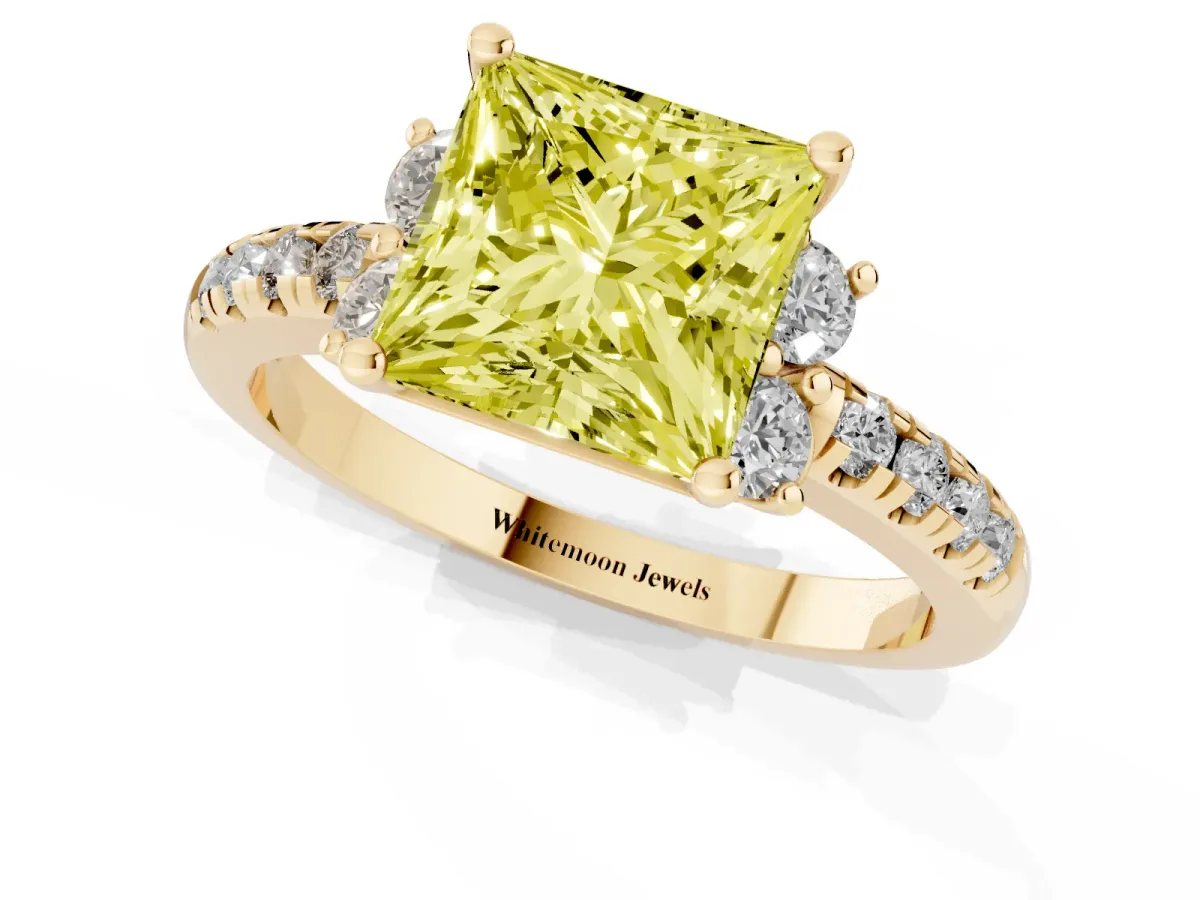 Fancy Yellow Princess Cut Diamond Three-Stone Pave Band with Four-Prong Setting Yellow gold