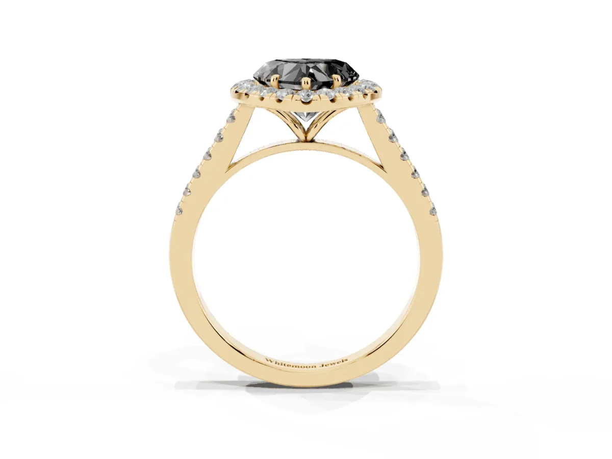 Fancy Black Heart Cut Halo Pave Diamond Engagement Ring with Four-Prong Setting Yellow gold