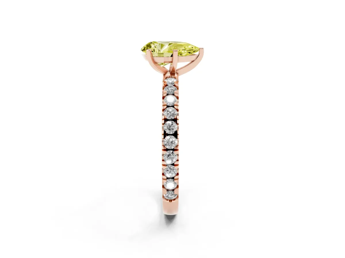 Fancy Yellow Pear Cut Diamond Pavé Band Solitaire with Four-Prong Setting Rose gold