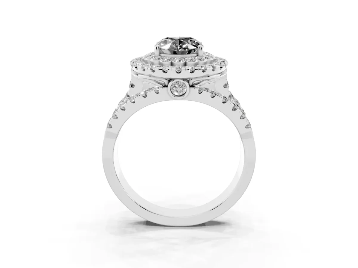 Fancy Black Oval Cut Diamond Double Halo Ring with Round Pavé Split Shank and Prong Setting Silver