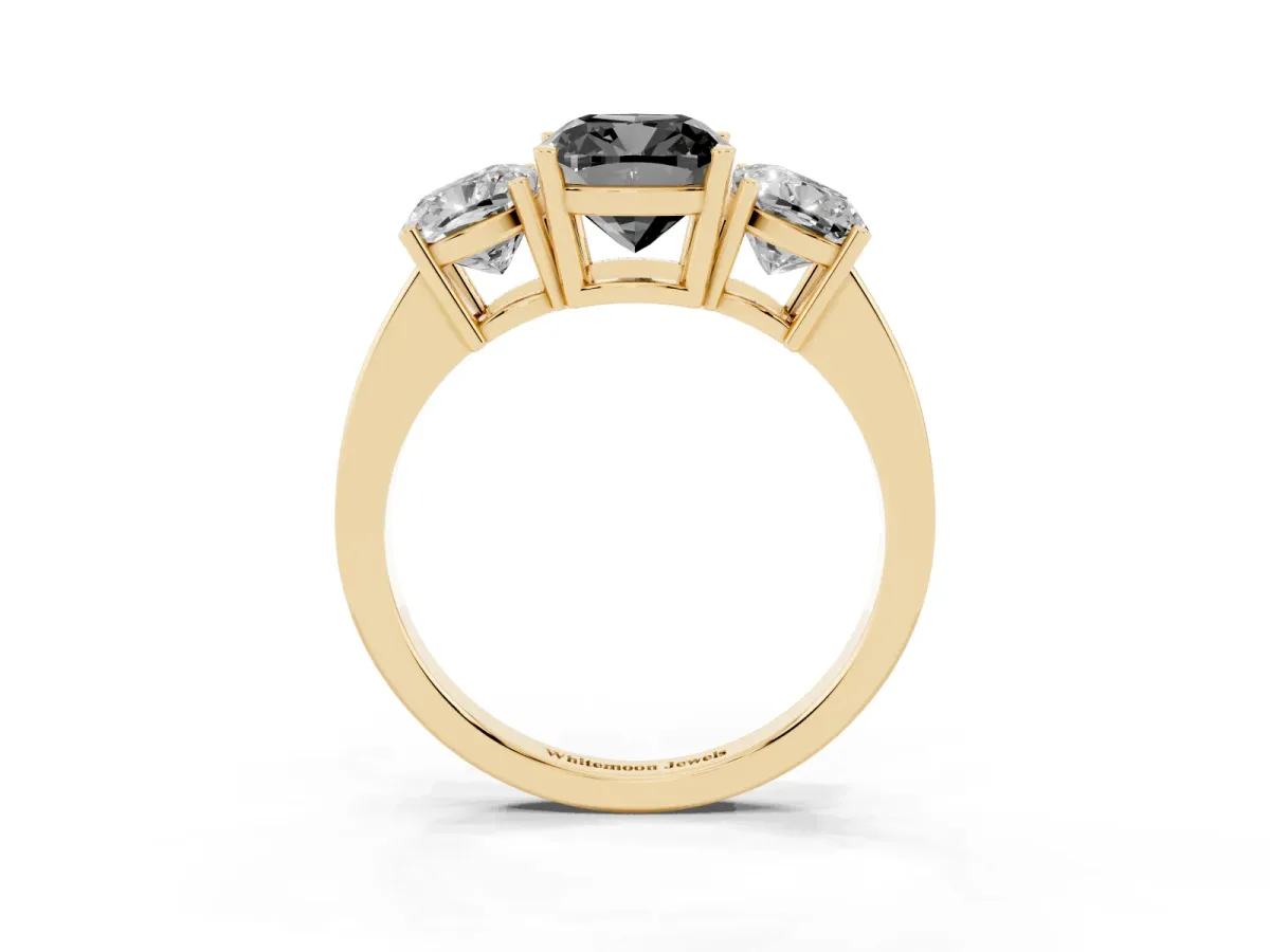 Fancy Black Three-Stone Cushion Cut Cut Diamond Engagement Ring with Flat Band and Four-Prong Setting Yellow gold