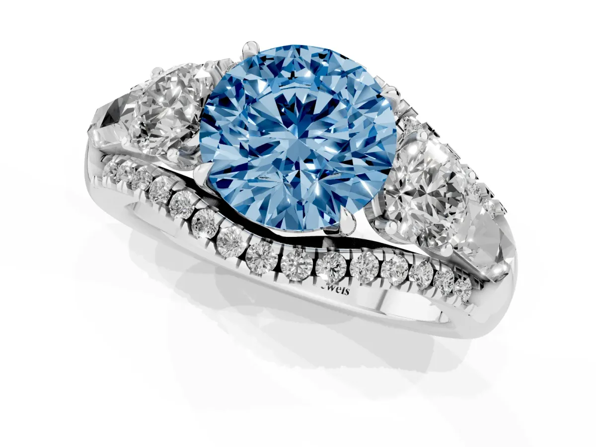 Fancy Blue Three-Stone Round Cut Diamond Engagement Ring with Pave Band and Prong Setting Silver