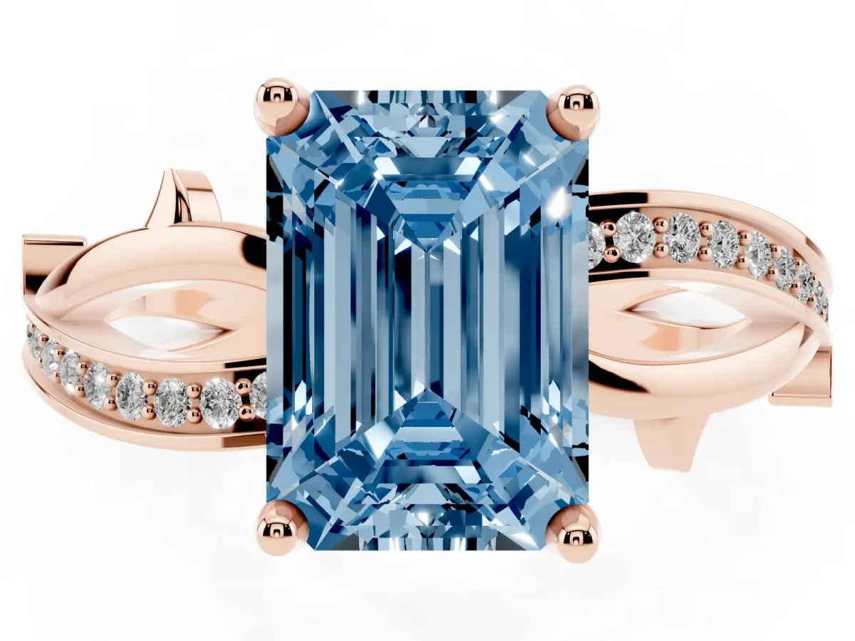 Fancy Blue Emerald Cut Solitaire Twist Band with Pavé Accents and Four-Prong Setting Rose gold