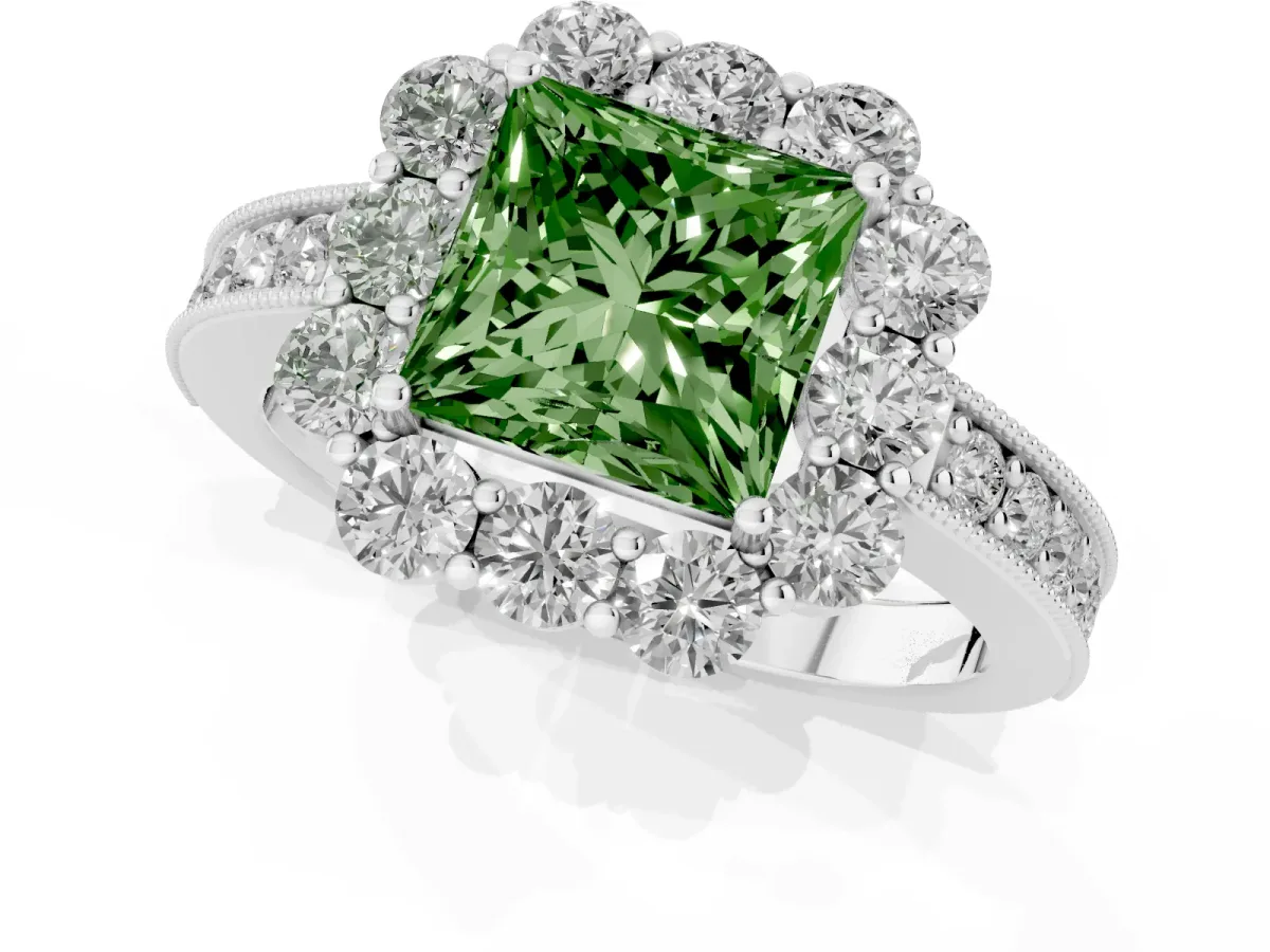Fancy Green Princess Cut Cut Halo Diamond Pavé Engagement Ring with Milgrain Detailing Silver
