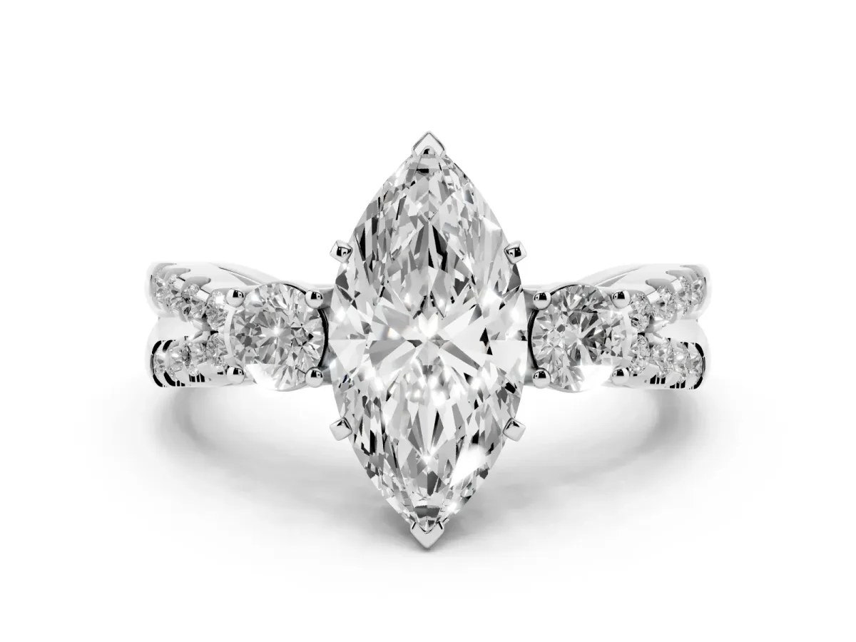 Marquise Cut Diamond Three-Stone Ring with Pavé Split Shank and Four-Prong Setting White gold
