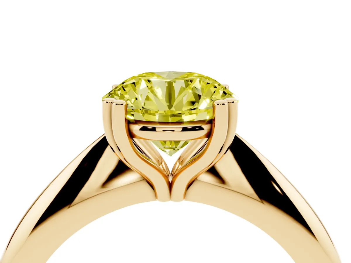 Fancy Yellow Round Cut Cut Solitaire Engagement Ring with Tapered Band and Four-Prong Setting Yellow gold