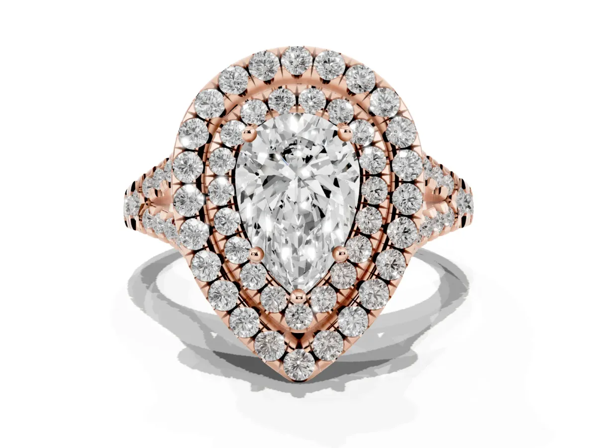 Double Halo Pear Cut Diamond Pavé Split Shank Ring with Prong Setting Rose gold
