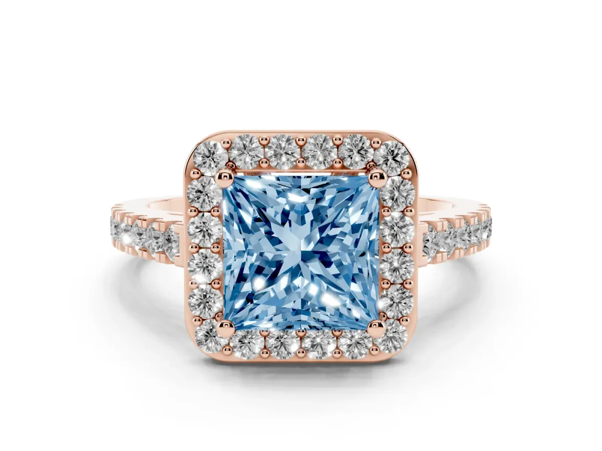 Fancy Blue Princess Cut Diamond Halo Ring with Round Pavé Split Shank and Prong Setting Rose gold