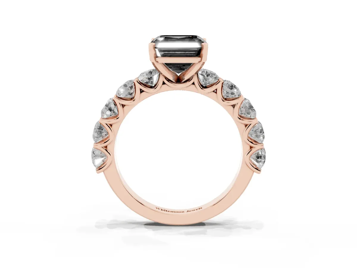 Fancy Black Asscher Cut Diamond Prong Setting with Side Stones on a Pave Band Rose gold