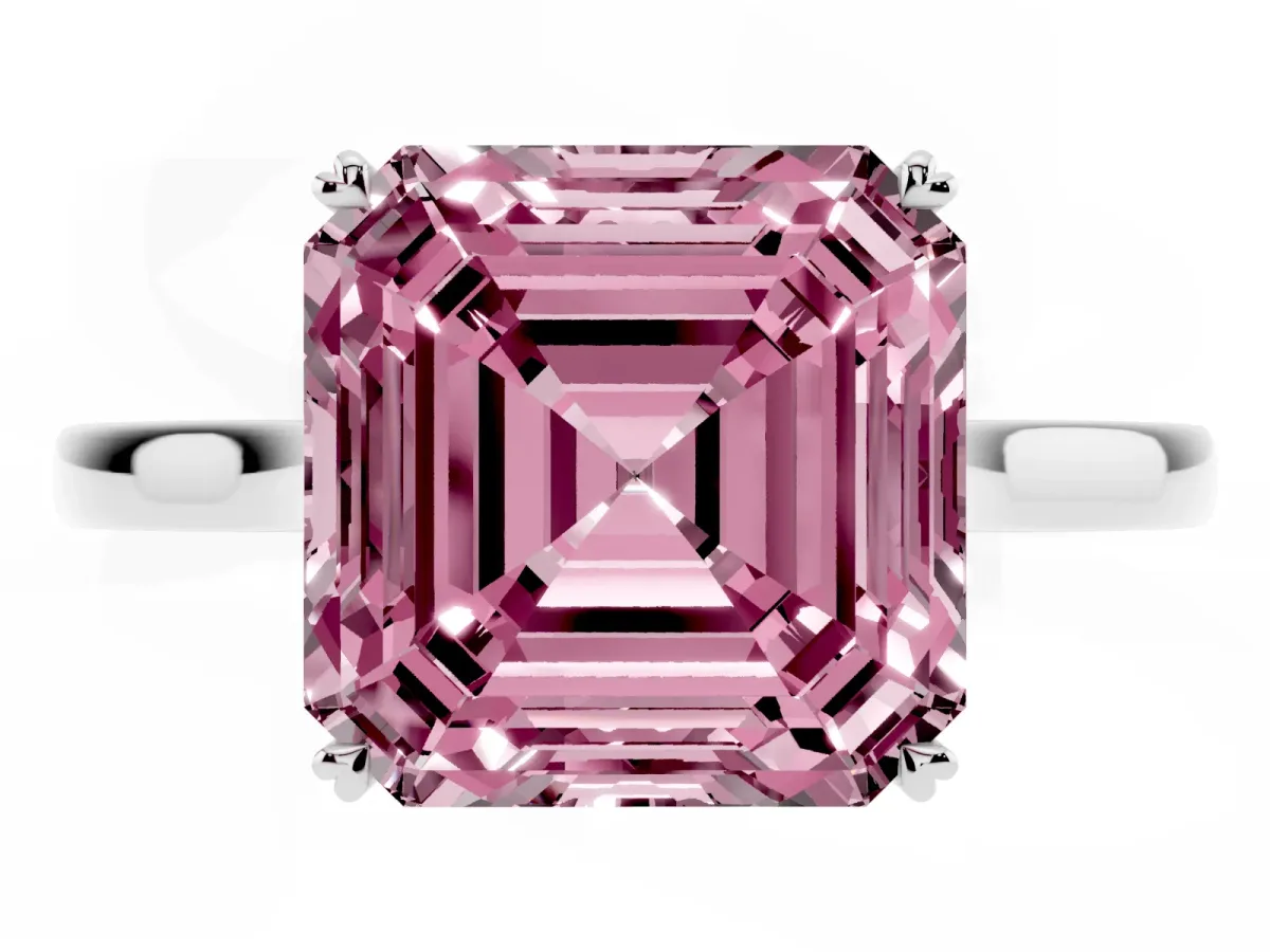 Fancy Pink Asscher Cut Solitaire Heart Prong Engagement Ring with Tapered Band Silver