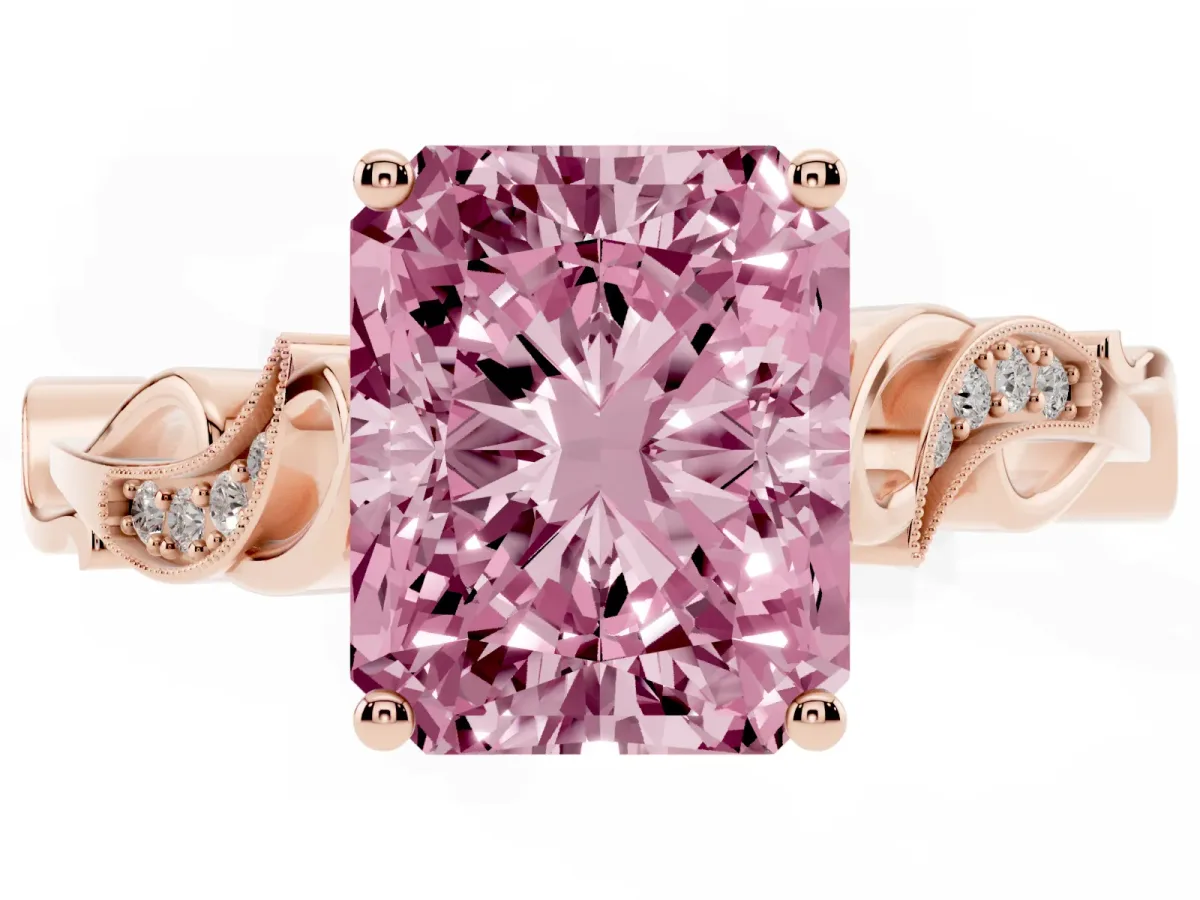 Fancy Pink Radiant Cut Solitaire Vine Band with Milgrain Prong Setting Rose gold