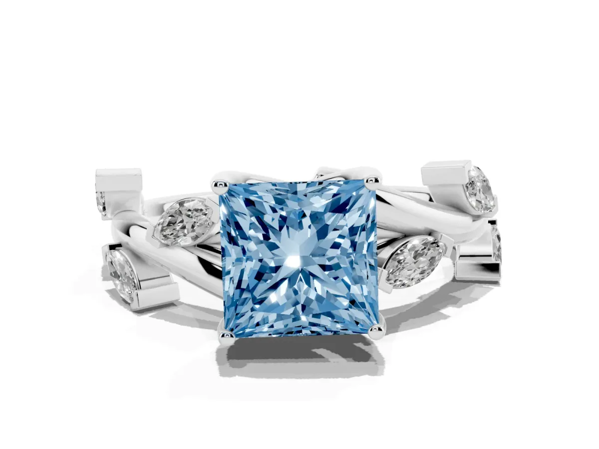 Fancy Blue Princess Cut Solitaire Twisted Band Marquise Accent Prong Setting Ring Silver