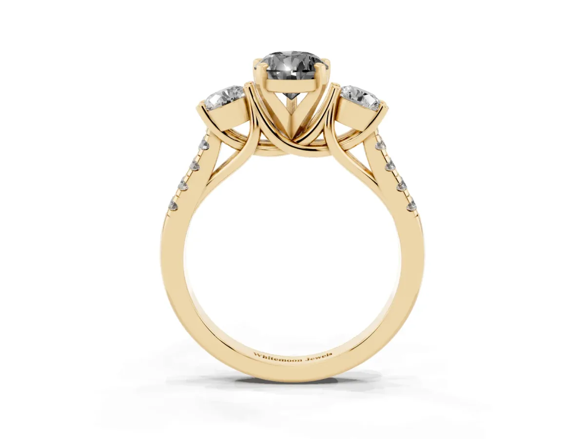 Fancy Black Three-Stone Pear Cut Diamond Pavé Band with Four-Prong Setting Yellow gold