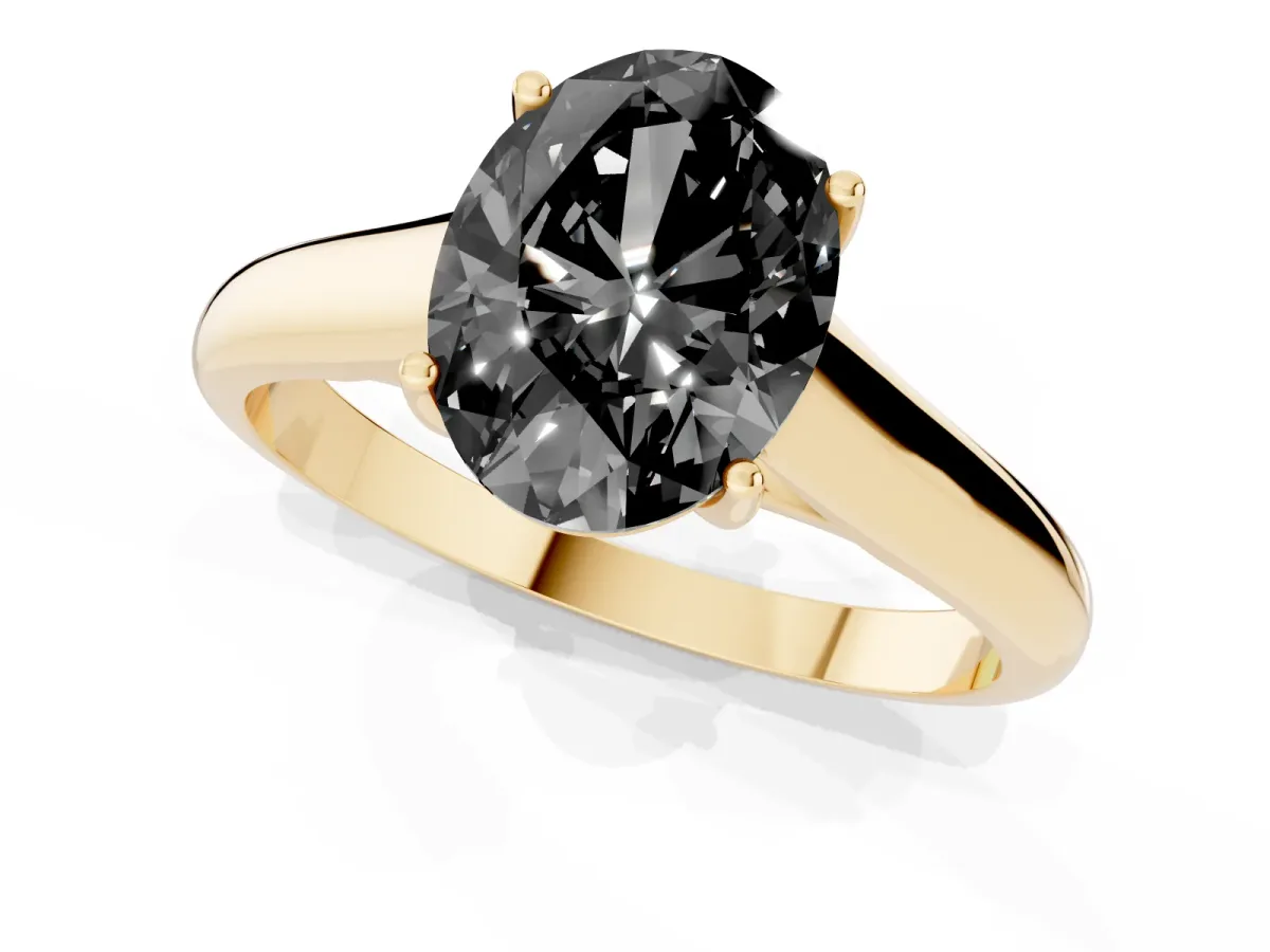 Fancy Black Oval Cut Solitaire Engagement Ring with Tapered Band and Four-Prong Setting Yellow gold