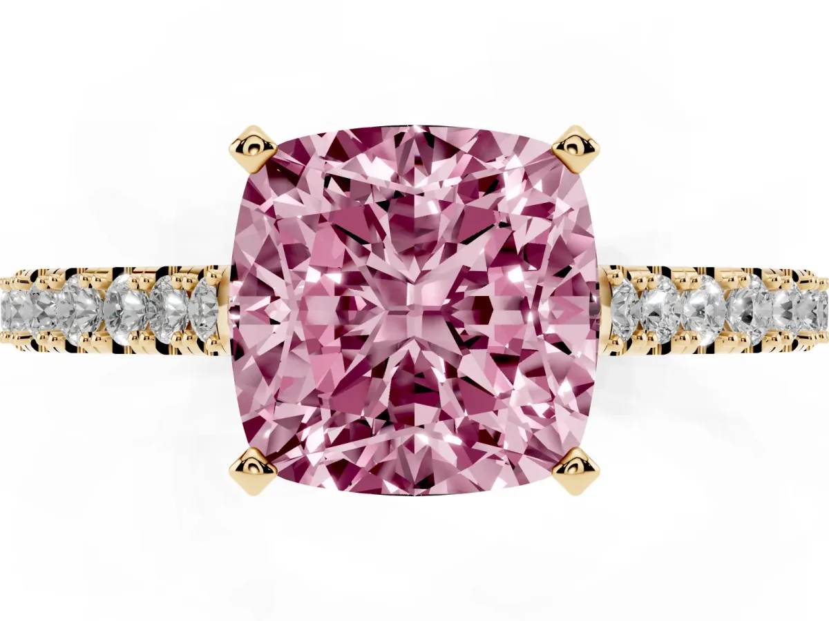 Fancy Pink Cushion Cut Cut Solitaire Diamond Engagement Ring with Pave Band and Four-Prong Setting Yellow gold