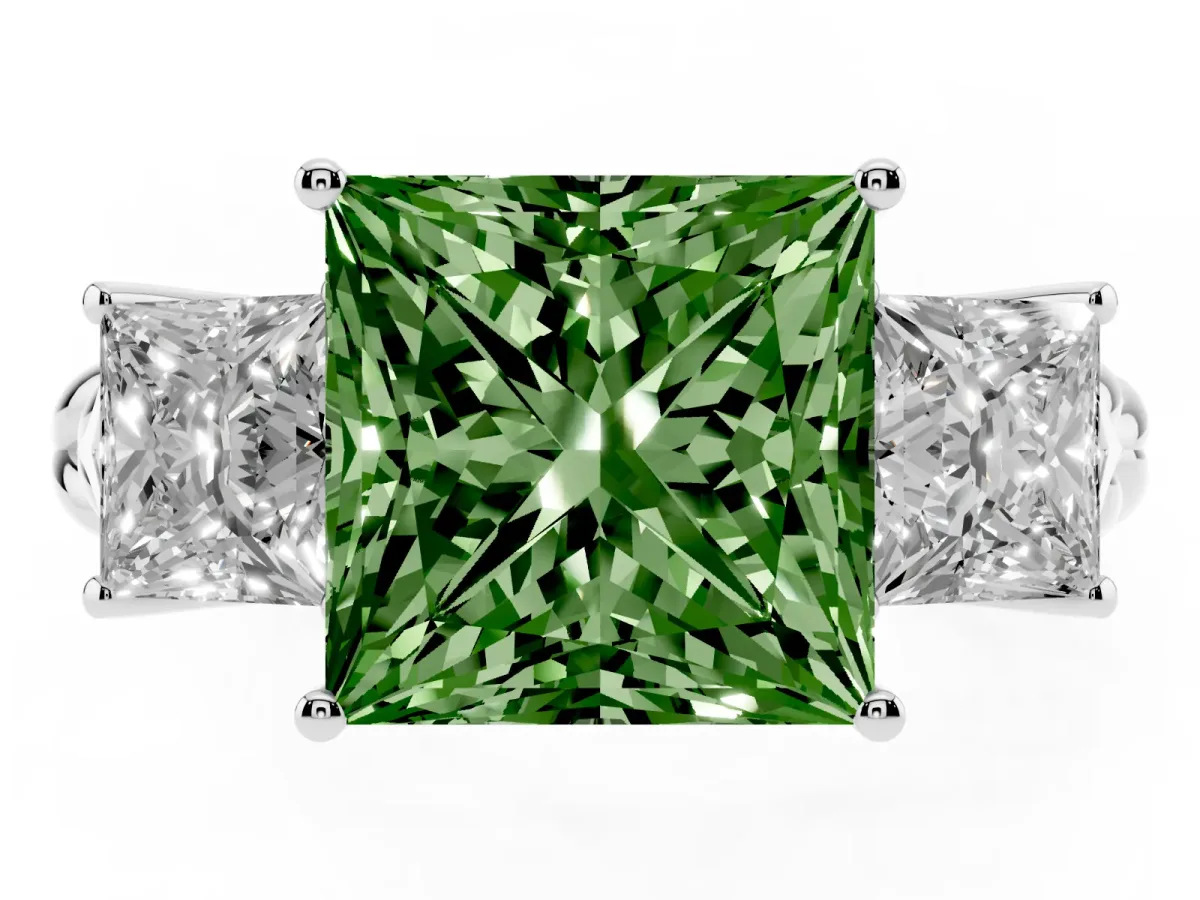 Fancy Green Three-Stone Princess Cut Diamond Braided Band Ring with Four-Prong Setting Silver