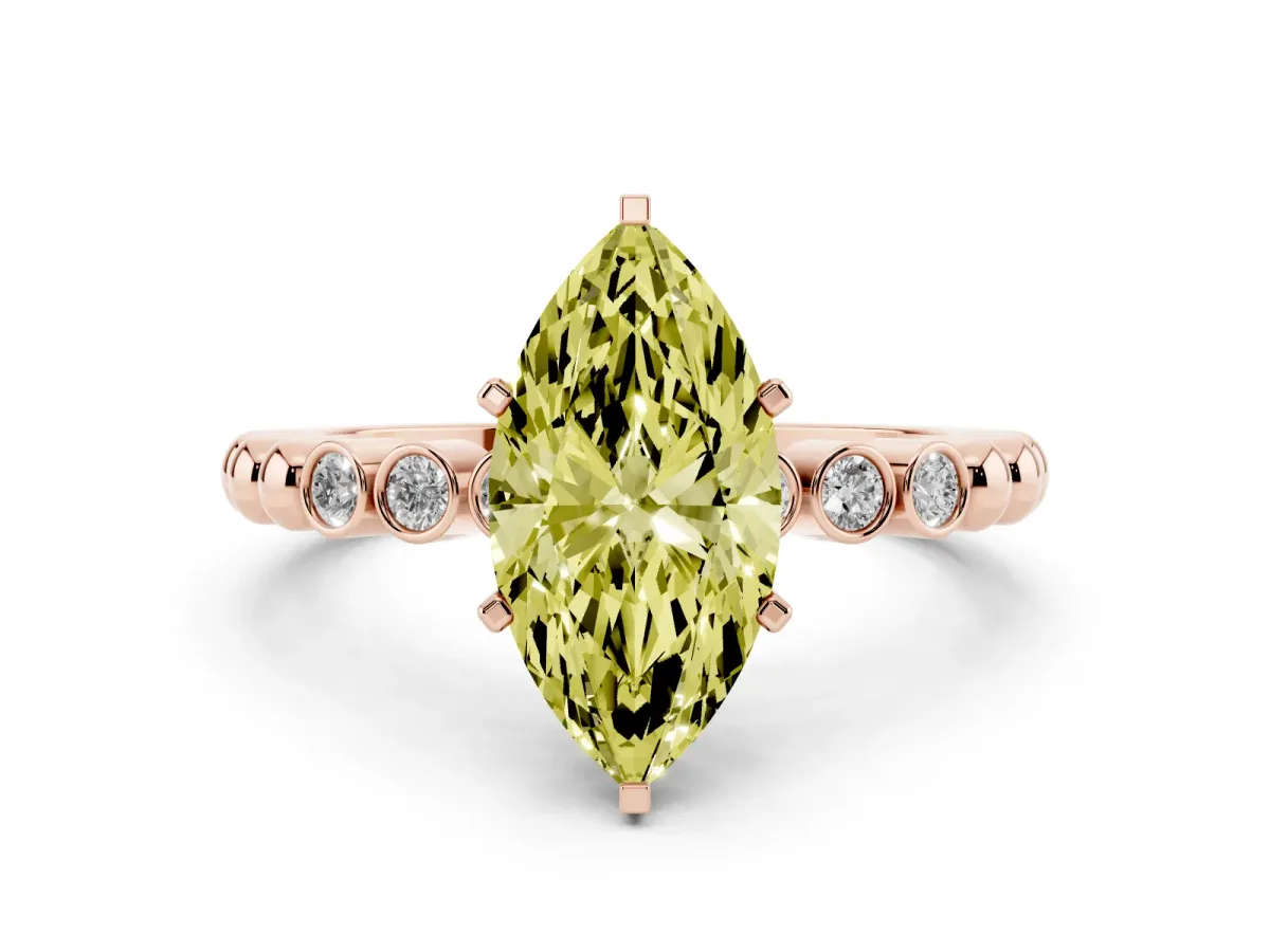 Fancy Yellow Marquise Cut Solitaire Bezel Accent Diamond Engagement Ring with Beaded Band and Four-Prong Setting Rose gold