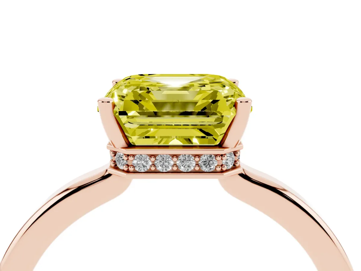 Fancy Yellow Asscher Cut Cut Solitaire Engagement Ring with Four-Prong Setting on a Classic Band Rose gold