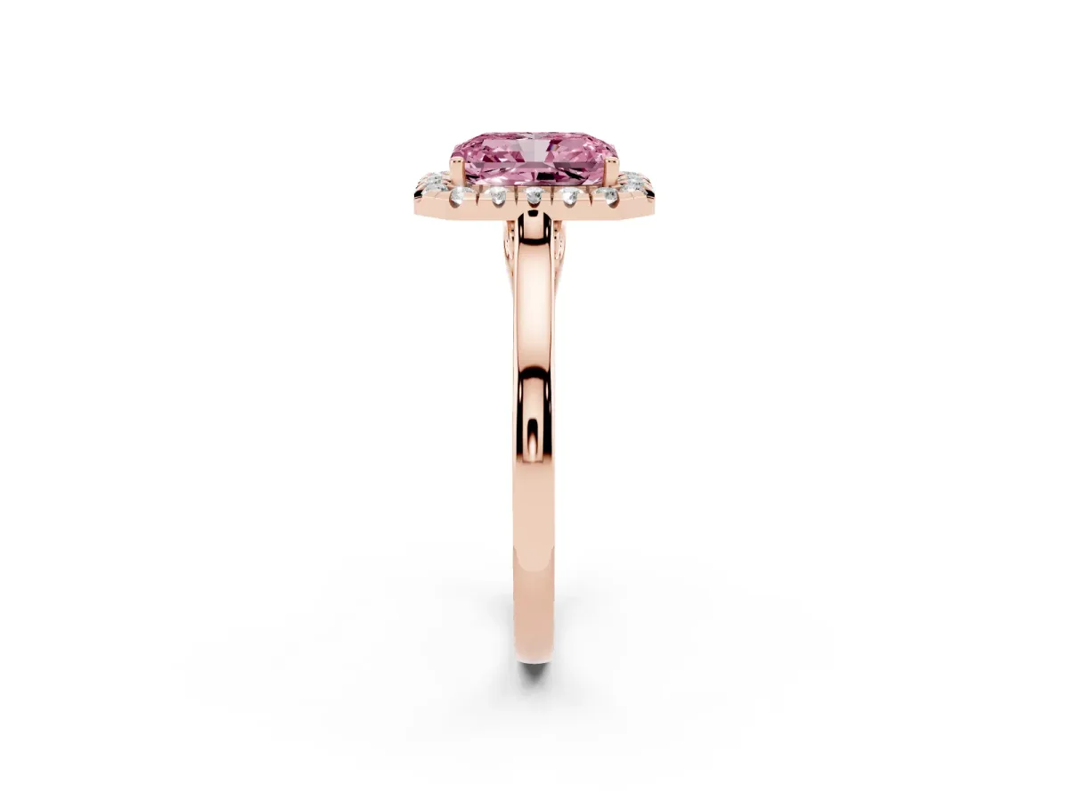 Fancy Pink Radiant Cut Halo Round Diamond Solitaire Ring with Pavé Band and Four-Prong Setting Rose gold