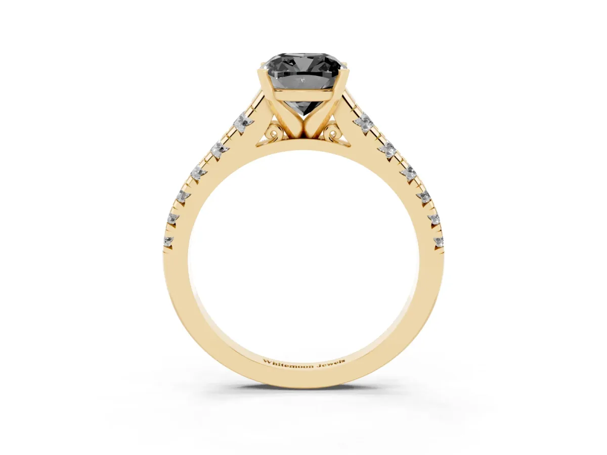 Fancy Black Cushion Cut Diamond Cathedral Solitaire Ring with Round Pavé Band Yellow gold
