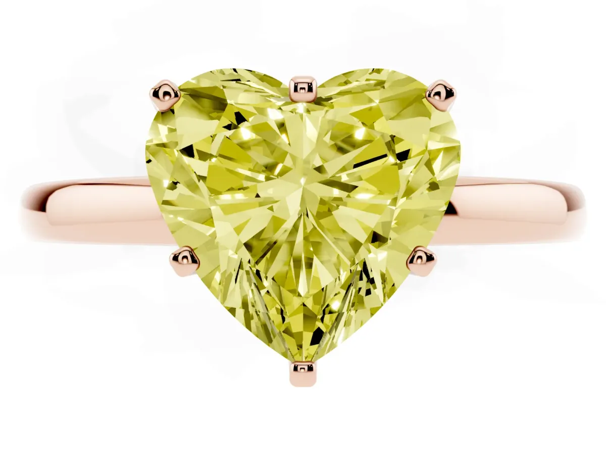 Fancy Yellow Heart Cut Solitaire Diamond Ring with Six-Prong Setting on a Classic Band Rose gold