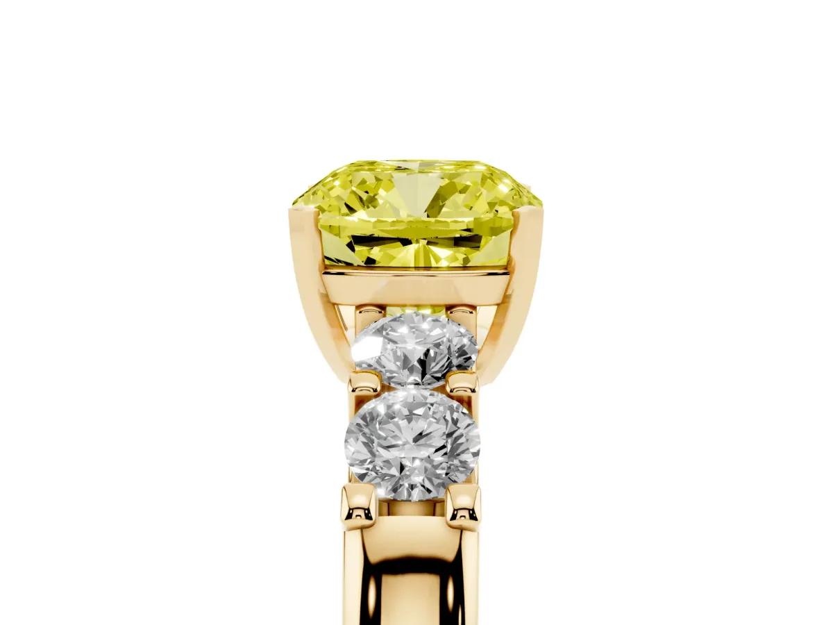 Fancy Yellow Cushion Cut Brilliant Cut Diamond Five-Stone Prong Set Engagement Ring with Channel Band Yellow gold