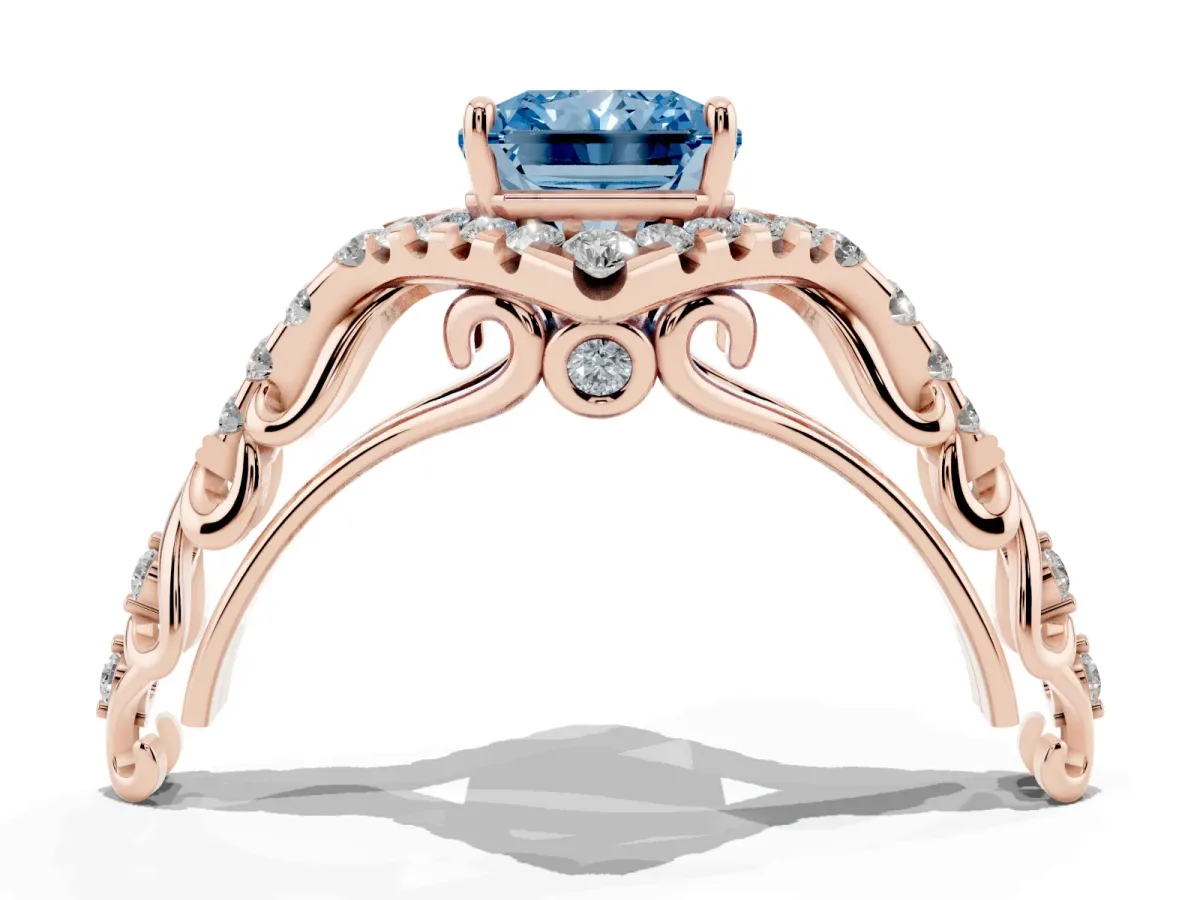 Fancy Blue Radiant Cut Diamond Solitaire Ring with Hidden Halo and Pavé Band Rose gold