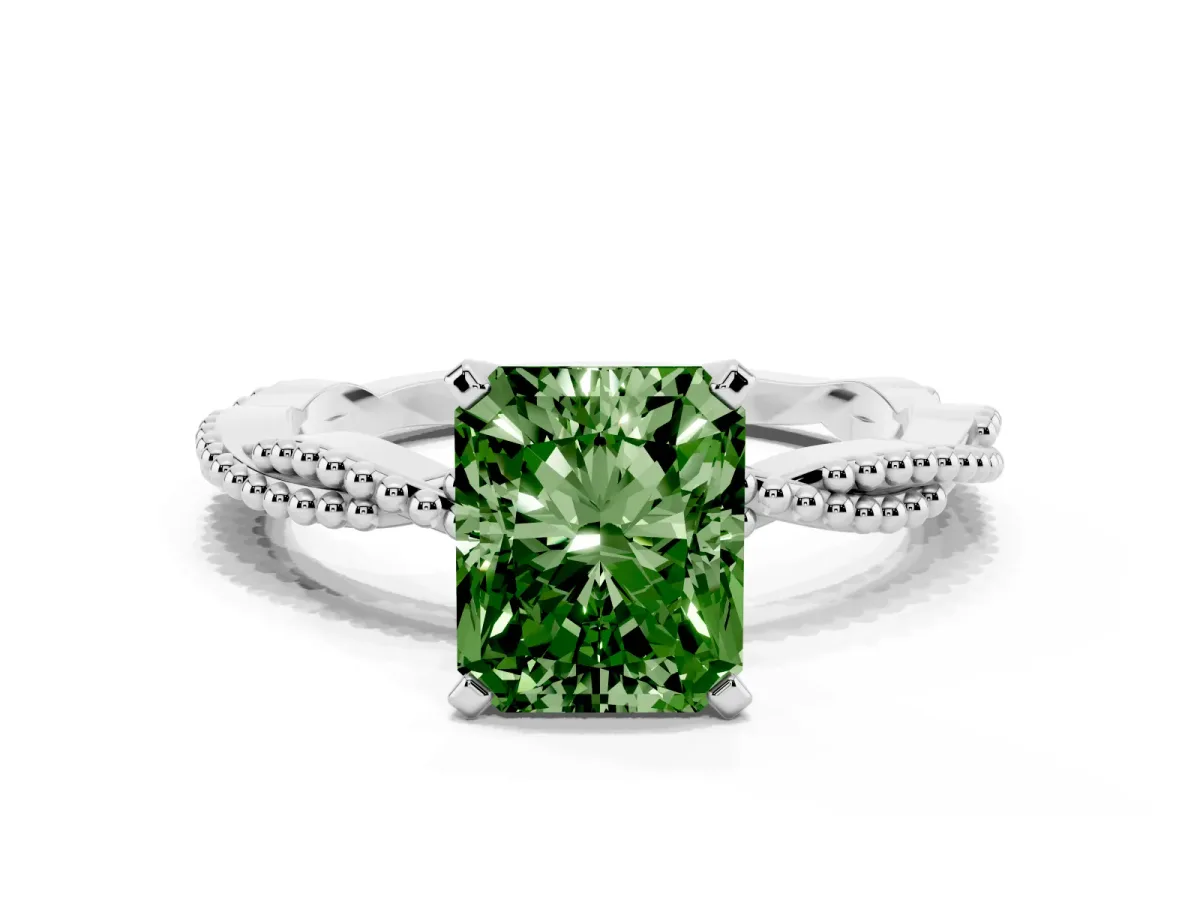 Fancy Green Radiant Cut Solitaire Twisted Band with Bead Prong Setting Silver